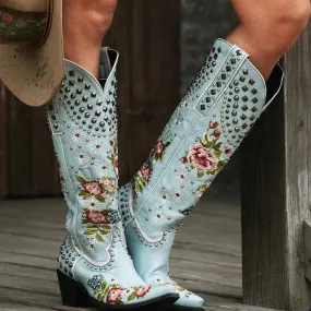 2023 New Flower Embroidered Rivet Western Cowboy Boots Women Pointed