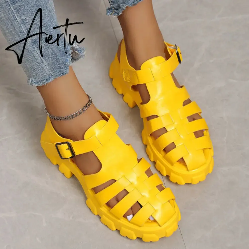 Aiertu New Women's Sandals Summer Breathable and Comfortable Designer Toe Sandals Thick Bottom Waterproof Platform Roman Sandals