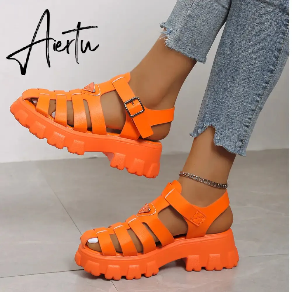 Aiertu New Women's Sandals Summer Breathable and Comfortable Designer Toe Sandals Thick Bottom Waterproof Platform Roman Sandals