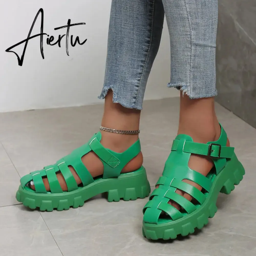 Aiertu New Women's Sandals Summer Breathable and Comfortable Designer Toe Sandals Thick Bottom Waterproof Platform Roman Sandals