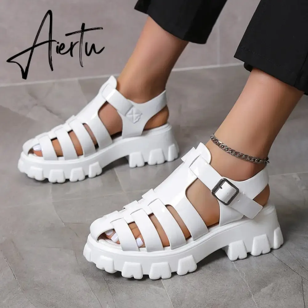 Aiertu New Women's Sandals Summer Breathable and Comfortable Designer Toe Sandals Thick Bottom Waterproof Platform Roman Sandals