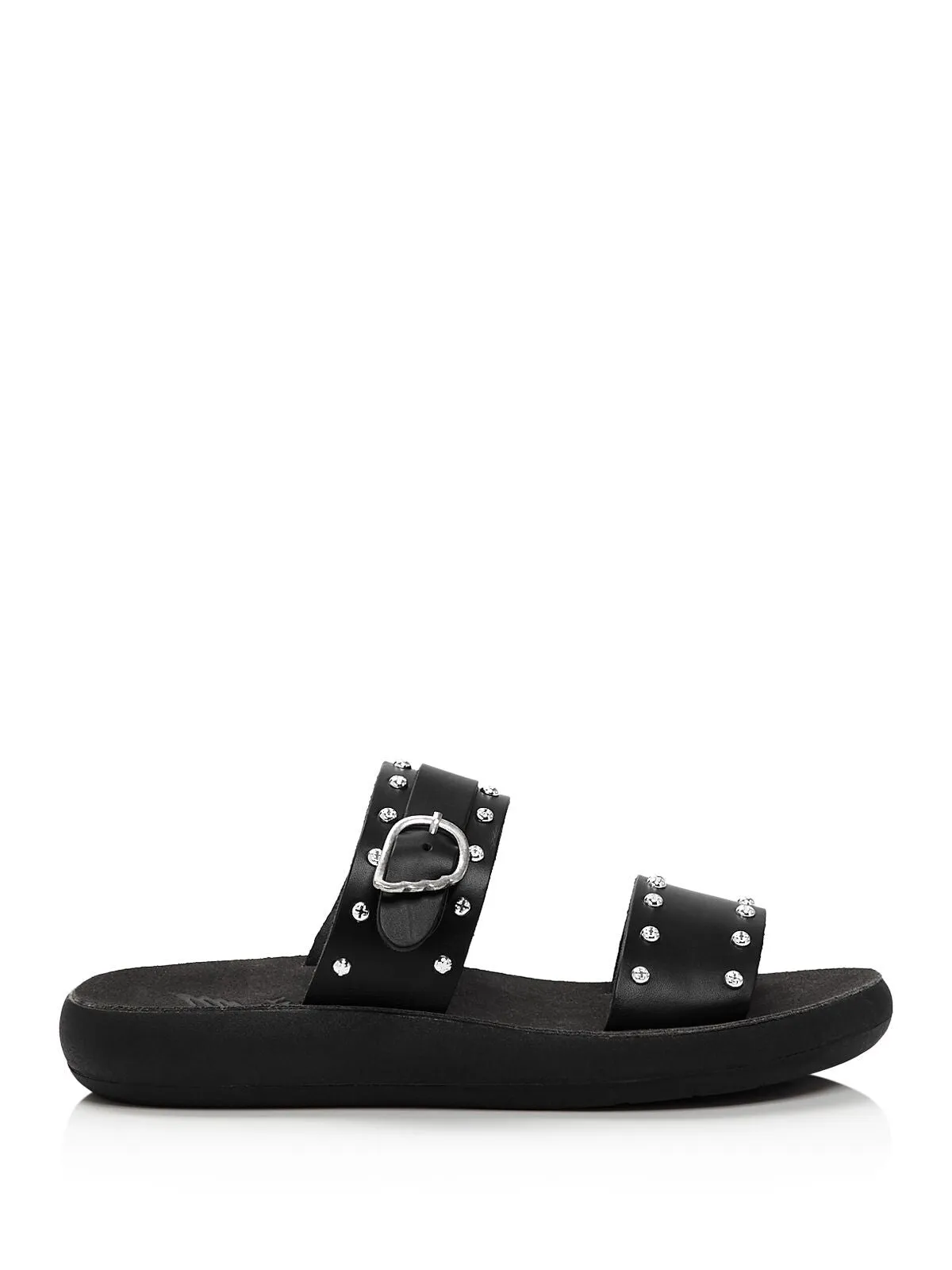 ANCIENT GREEK SANDALS Womens Black Buckle Accent Studded Preveza Round Toe Wedge Slip On Leather Slide Sandals Shoes