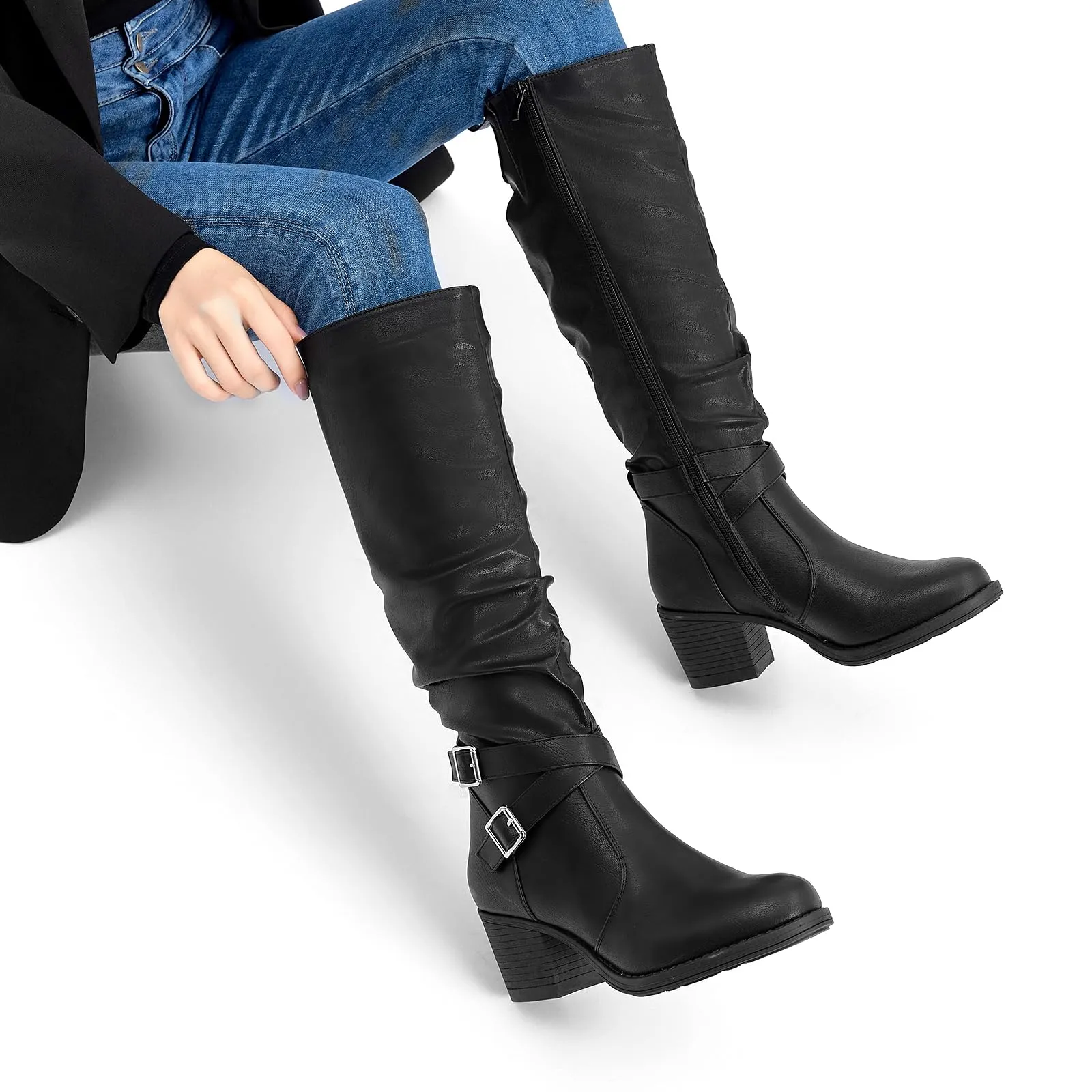 Black Almond Toe Faux Leather Buckle Knee High Boots