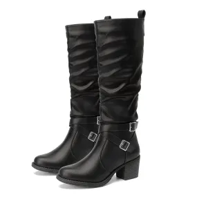 Black Almond Toe Faux Leather Buckle Knee High Boots