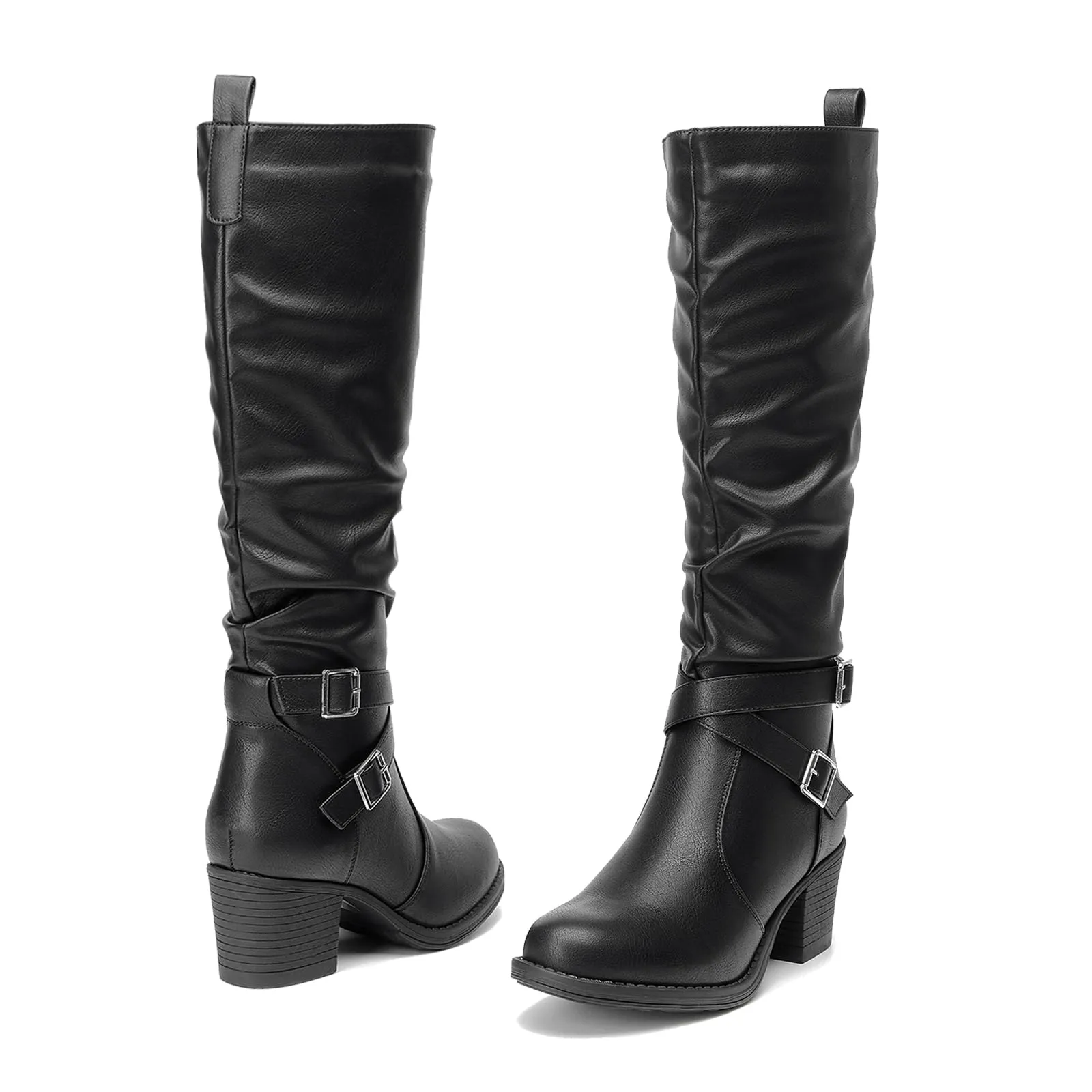 Black Almond Toe Faux Leather Buckle Knee High Boots