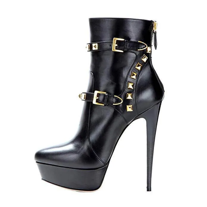 Black Leather Platform Buckle Rivet High Heel Boots