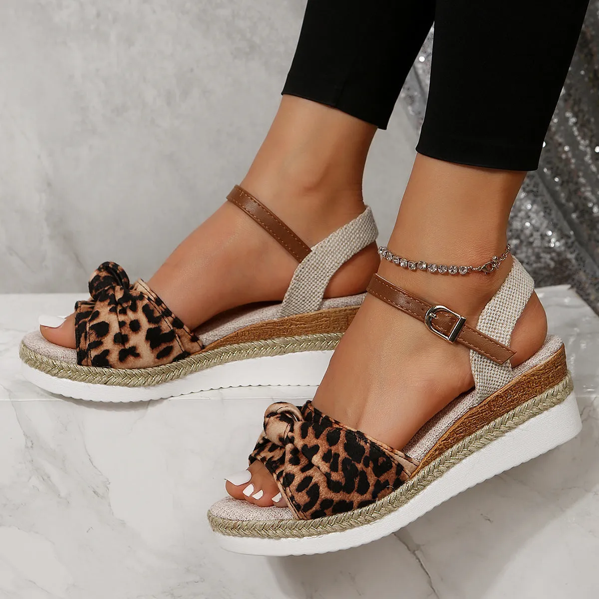 Bow Linen Buckle Wedges Summer Sandals