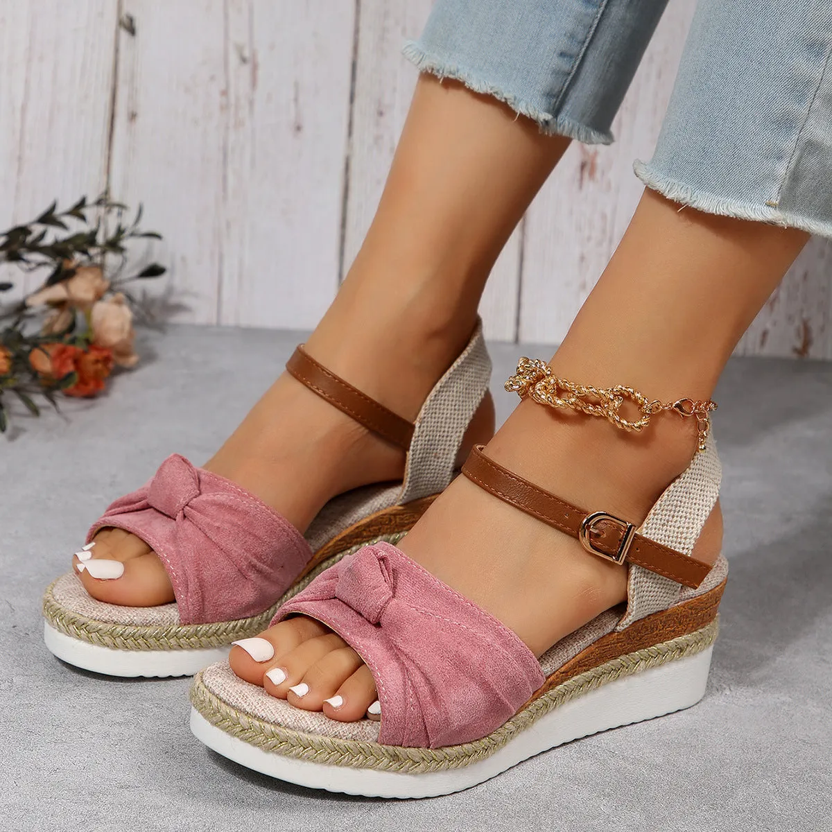 Bow Linen Buckle Wedges Summer Sandals