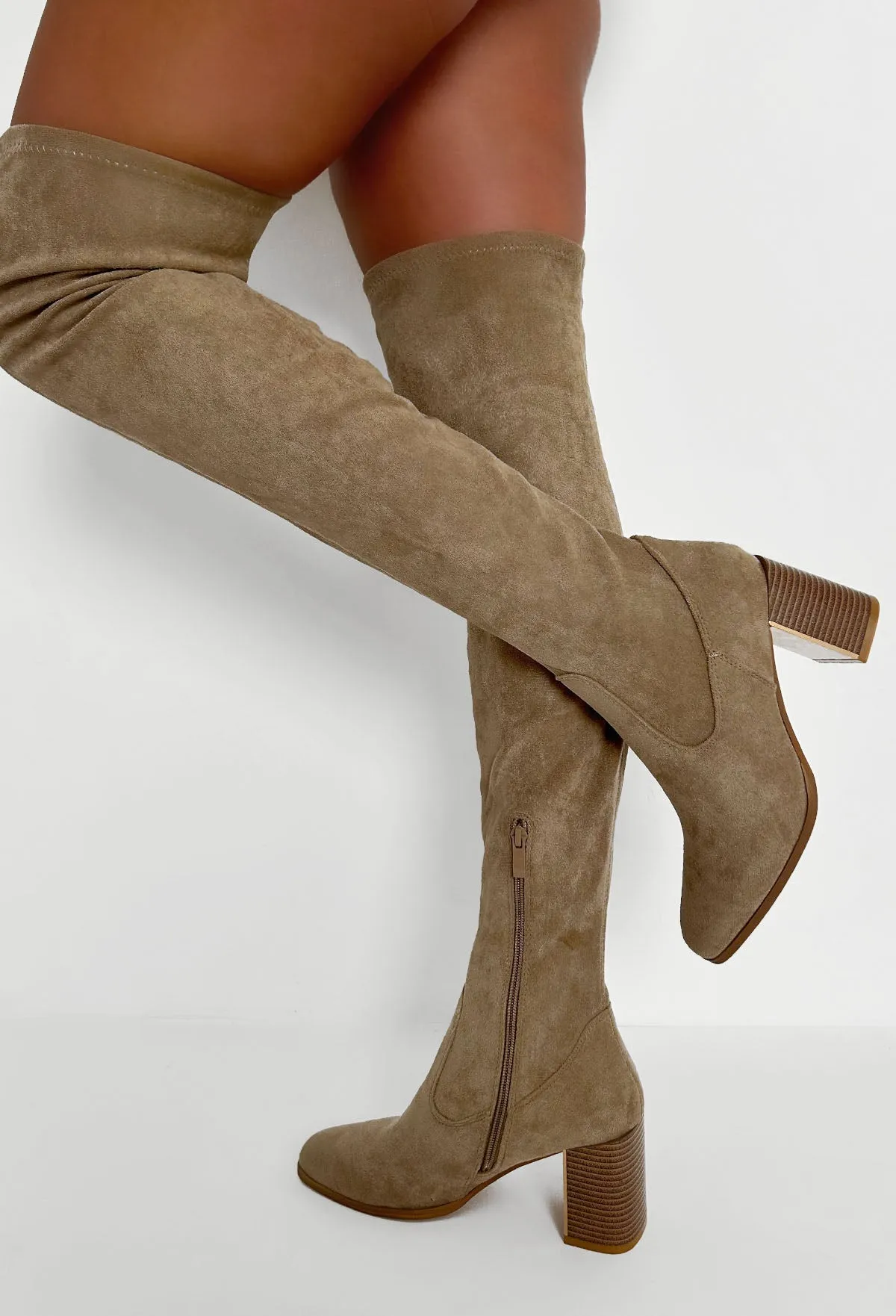 Can't Handle Me Beige Stretch Faux Suede Thigh High Boots