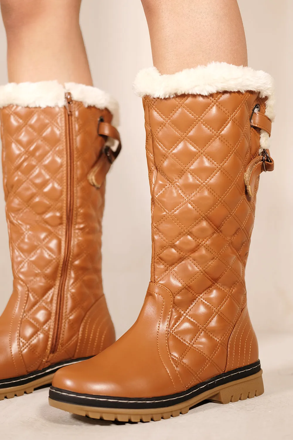 EMERY QUILTED PANEL CALF BOOTS WITH FAUX FUR LINING IN TAN BROWN FAUX LEATHER