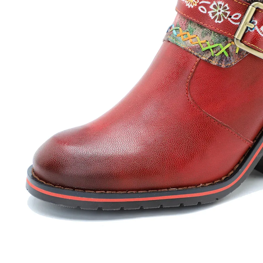 Genuine Leather Floral Printed Belt Buckle Long Boots