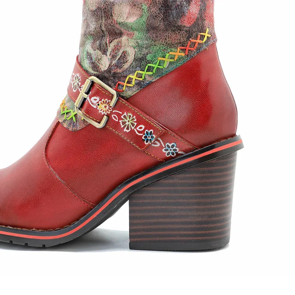 Genuine Leather Floral Printed Belt Buckle Long Boots