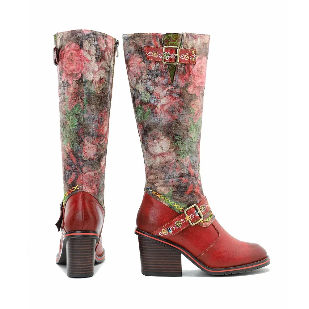 Genuine Leather Floral Printed Belt Buckle Long Boots