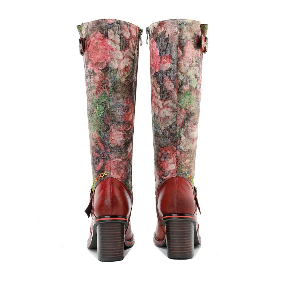 Genuine Leather Floral Printed Belt Buckle Long Boots