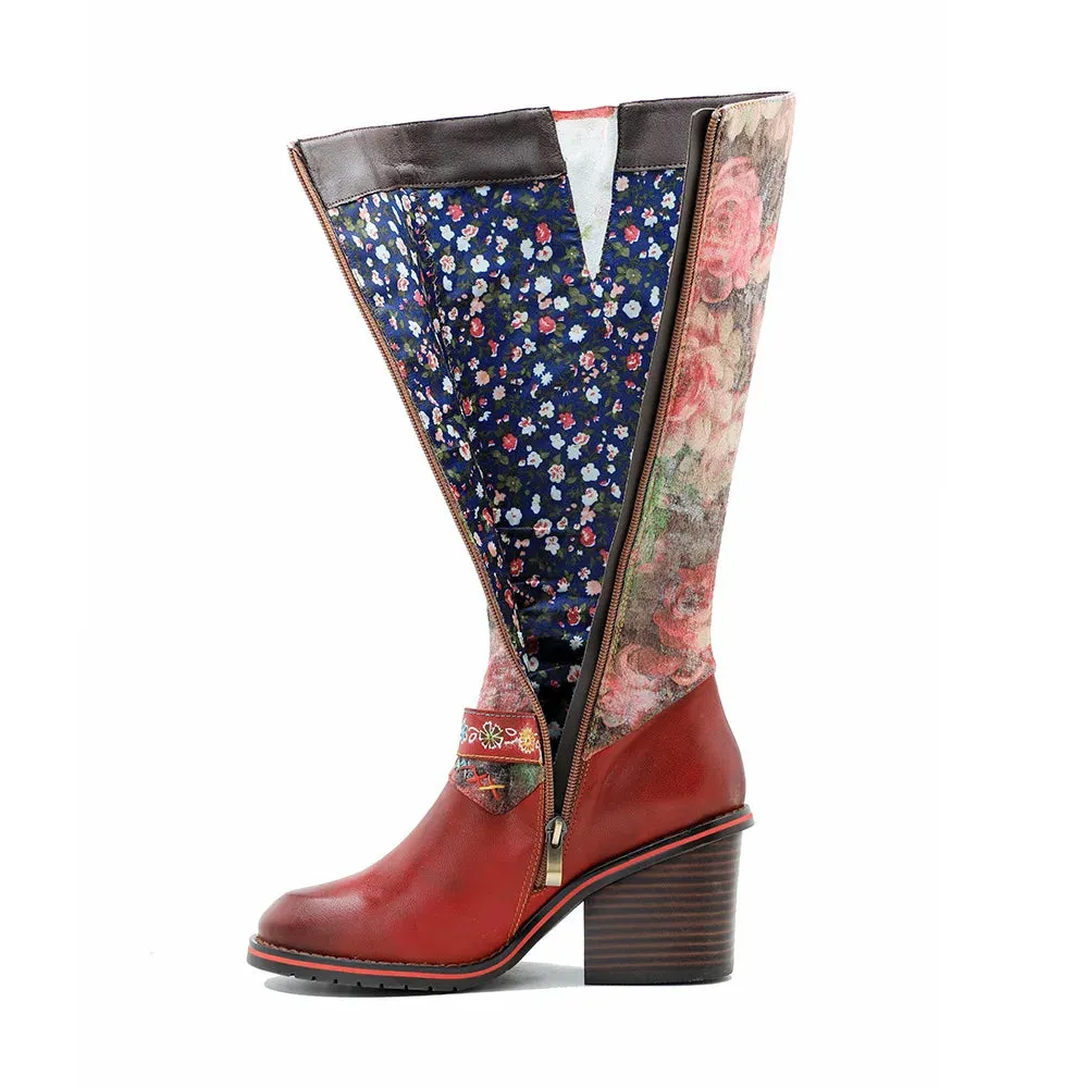 Genuine Leather Floral Printed Belt Buckle Long Boots