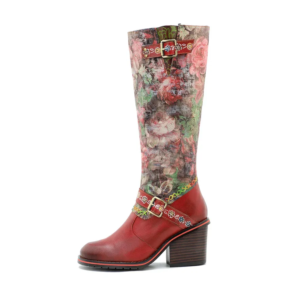 Genuine Leather Floral Printed Belt Buckle Long Boots