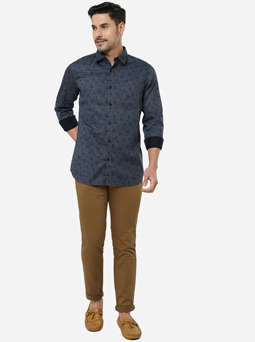 Ice Blue Printed Slim Fit Semi Casual Shirt | JadeBlue