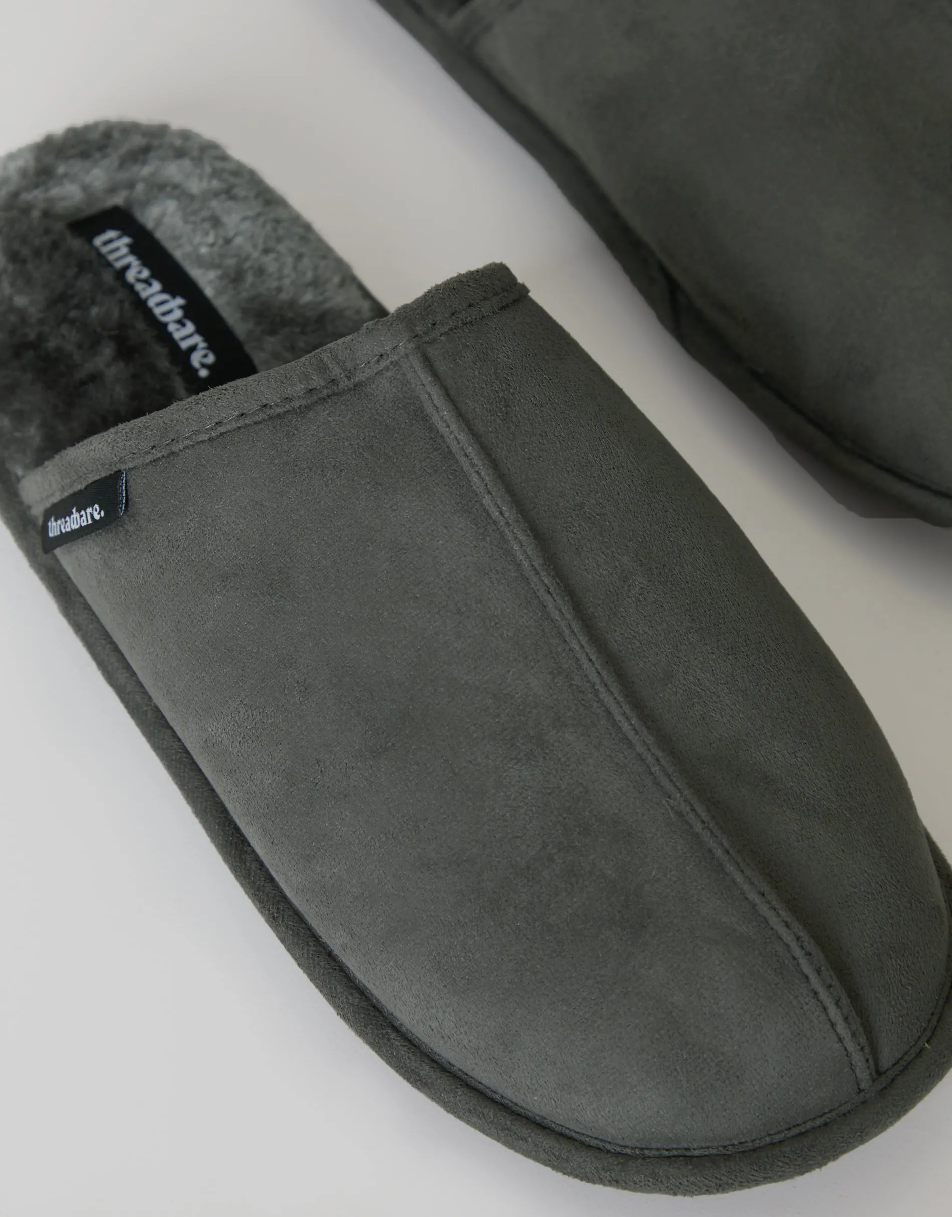 Men's Grey Suedette Mule Slippers with Faux Fur Lining