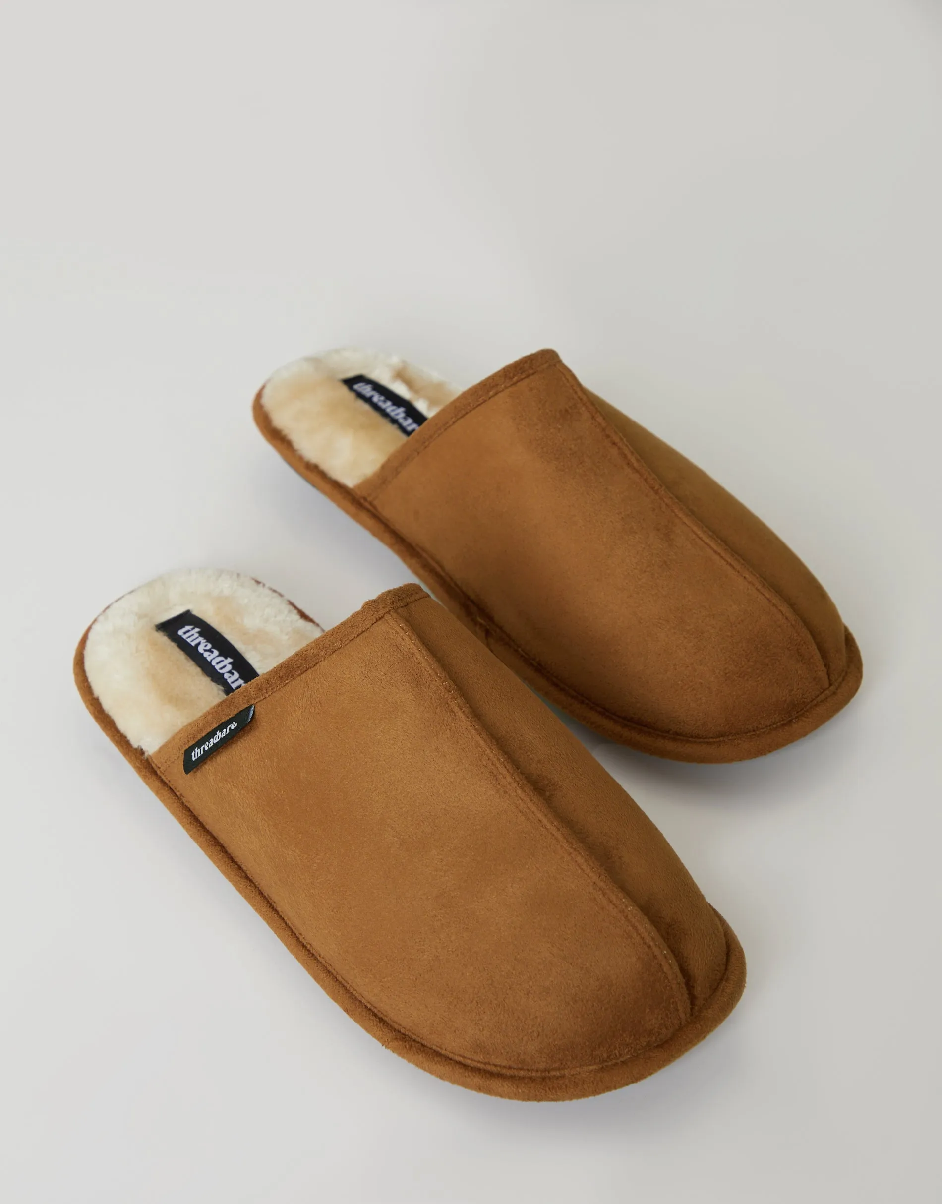 Men's Tan Suedette Mule Slippers with Faux Fur Lining