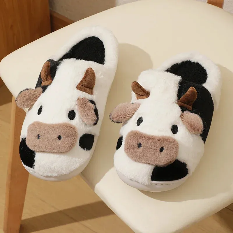 New Winter Unisex Cartoon Cow Warm Plush Slippers Couple's Indoor Non-slip House Mule Men And Women Toe Wrap Home Cotton Shoes