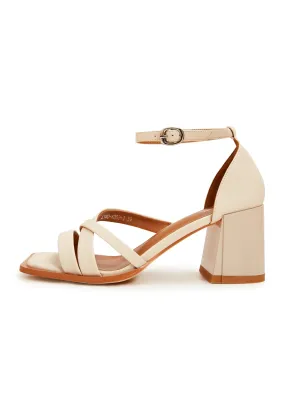 Open Toe Leather Block Heel Sandals - Beige