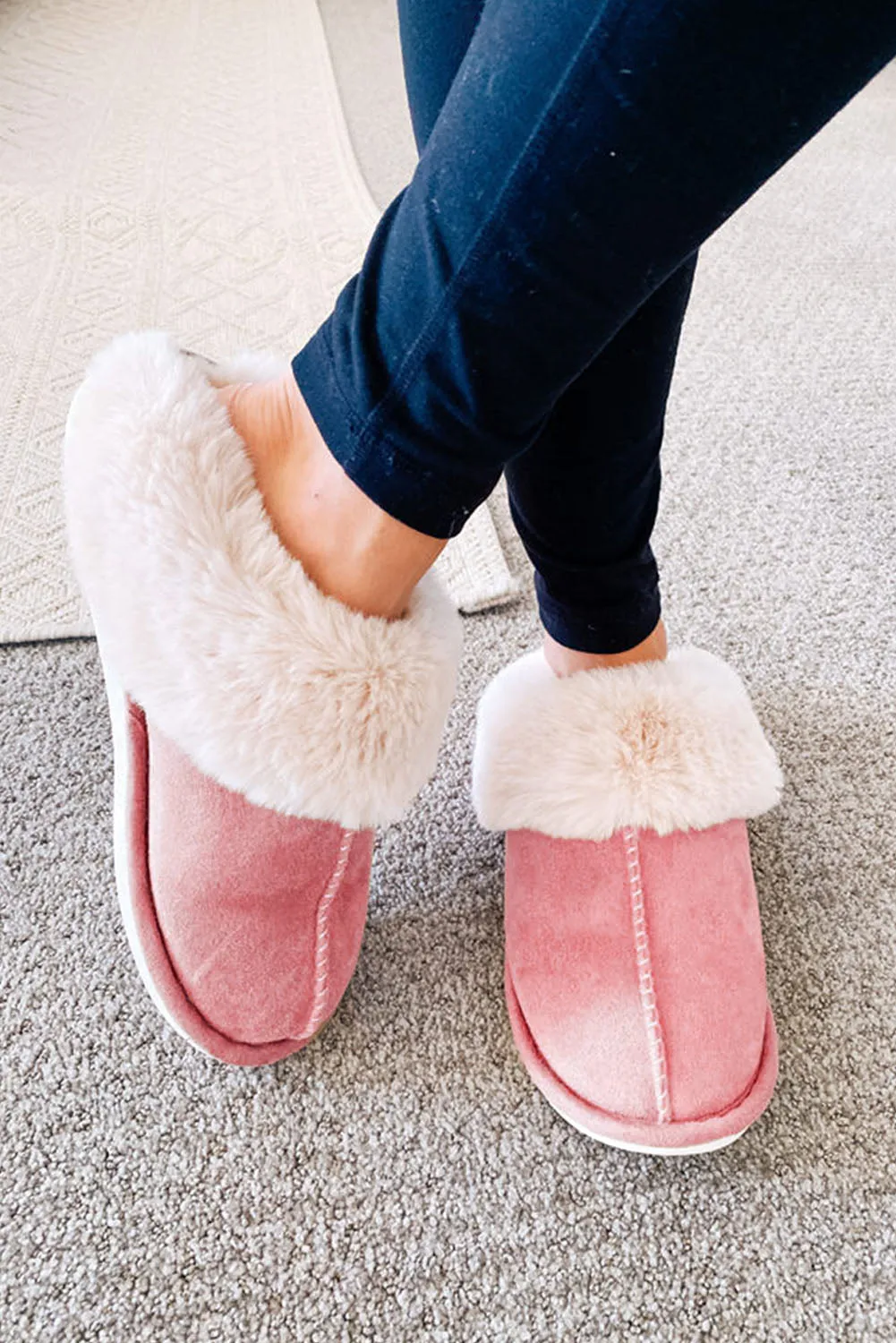 Pink Faux Suede Plush Lined Slip on Slippers