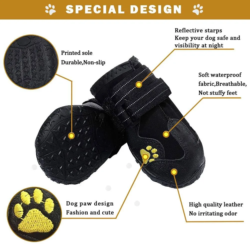 PK.ZTopia Waterproof Dog Boots, Dog Outdoor Shoes, Dog Rain Boots, Running Shoes for Medium to Large Dogs with Two Reflective Fastening Straps and Rugged Anti-Slip Sole (2.95" x 2.52",Black 4PCS)