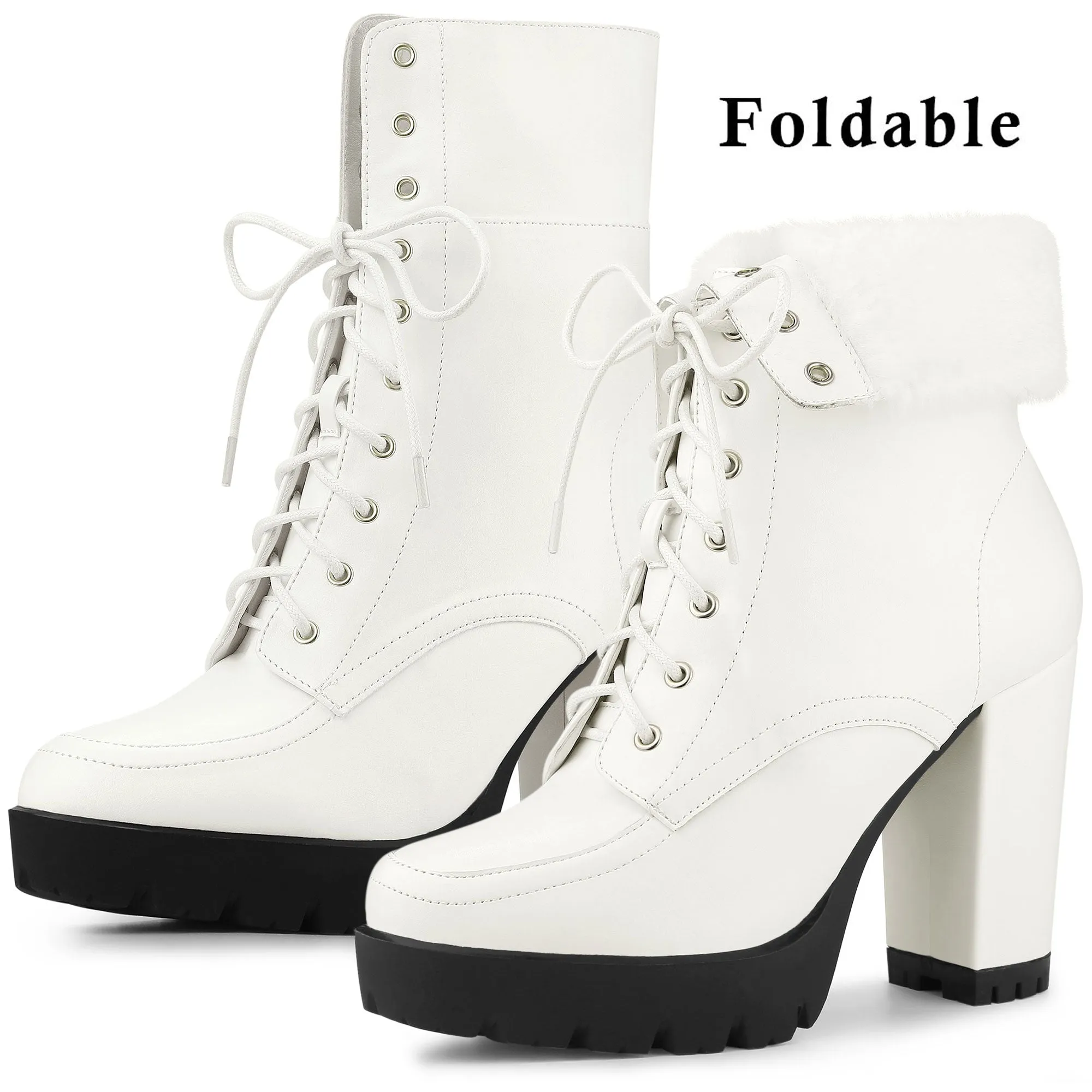 Platform Foldable Chunky Heel Lace Up Ankle Boots