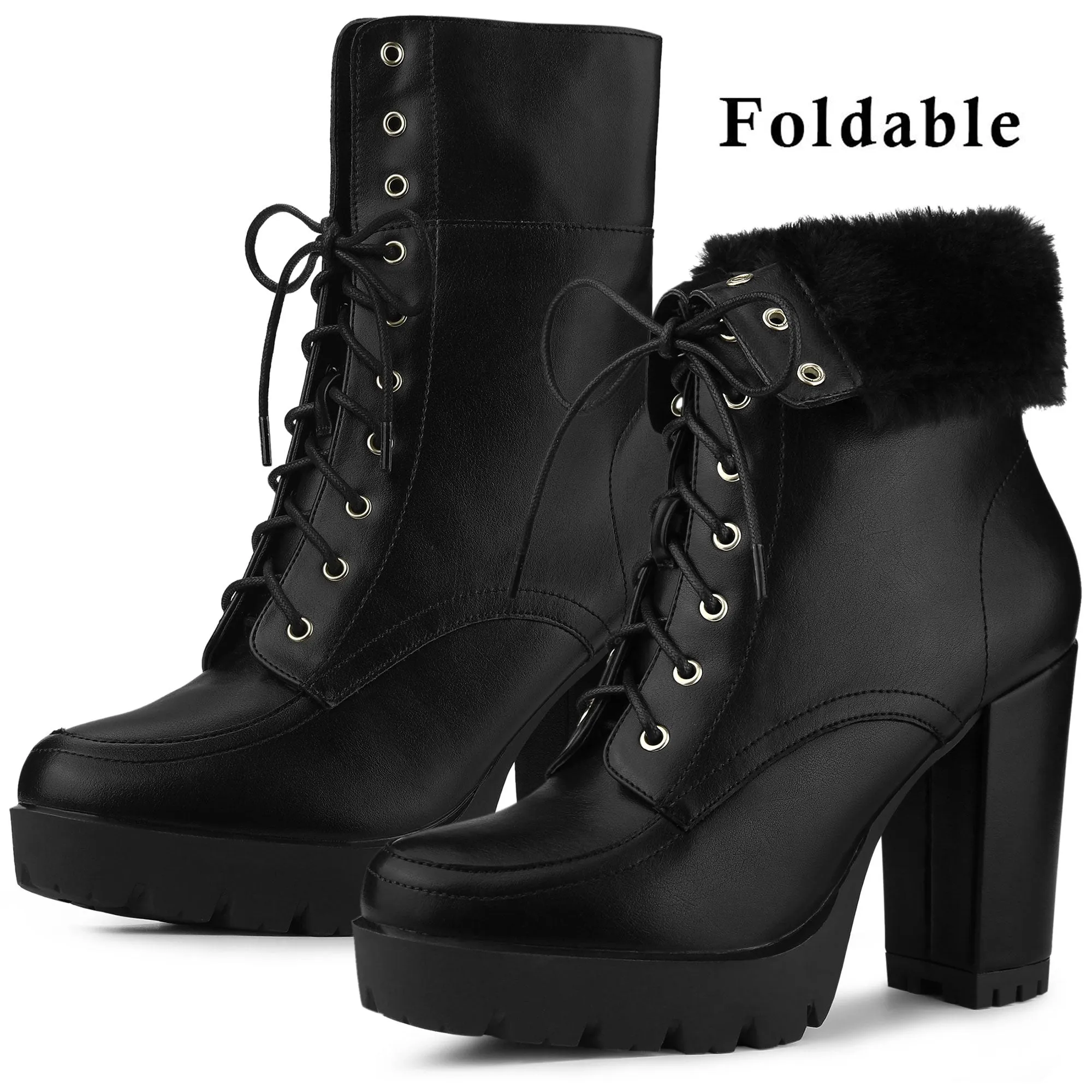 Platform Foldable Chunky Heel Lace Up Ankle Boots