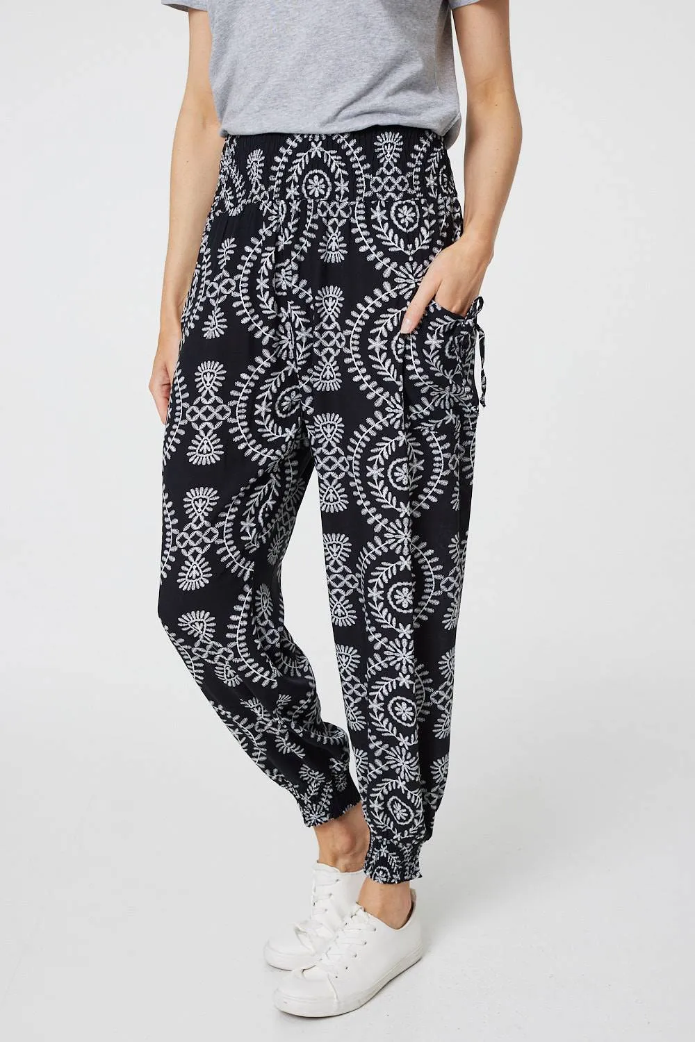 Printed Smocked Waist Harem Pants