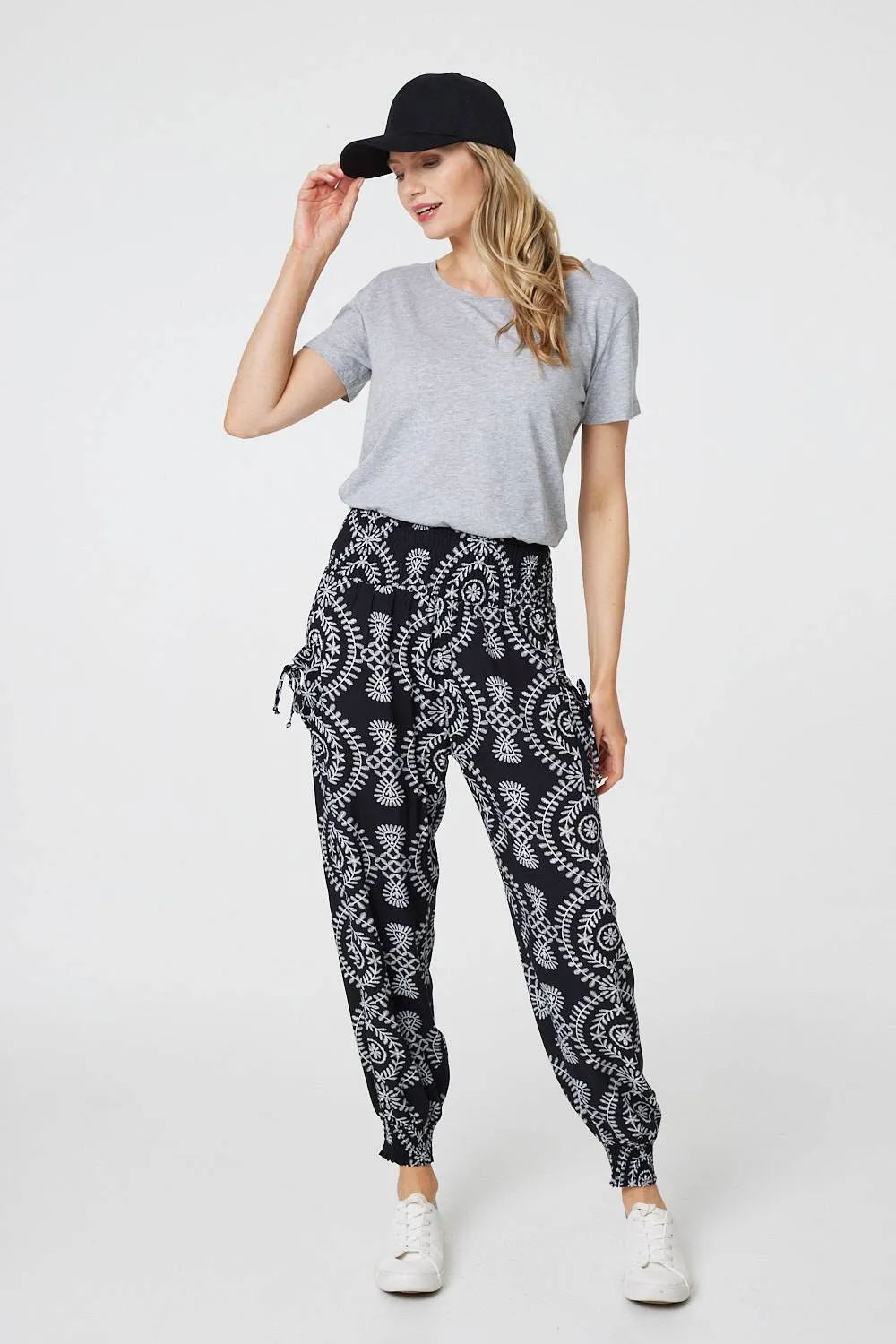 Printed Smocked Waist Harem Pants