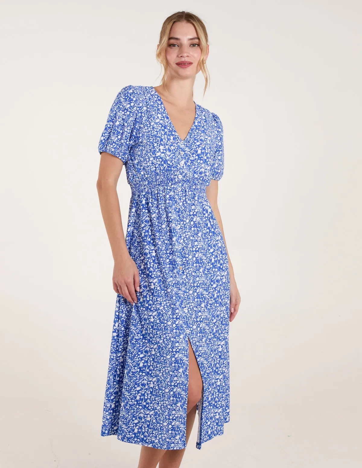 Short Sleeve Button Front Split Front Midi Dress