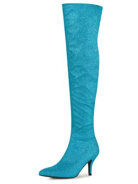 Sky Blue Stylish Glitter Over The Knee Boots