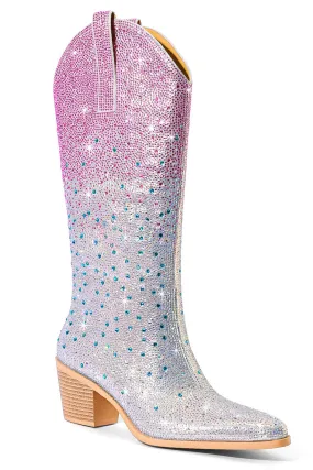 Sparkly Silver Rhinestone Knee High Cowgirl Boots