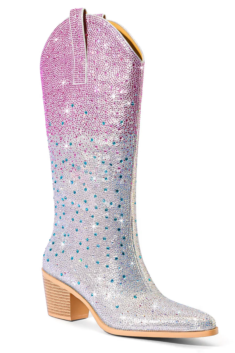 Sparkly Silver Rhinestone Knee High Cowgirl Boots