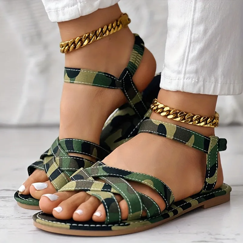 Stylish Camo Print Flat Sandals - Lightweight, Breathable, Elastic Crisscross Bands, Open Toe, Fabric Upper, PU Faux Leather Sole - Perfect for Vacation, Beach, Walking, and Everyday Wear