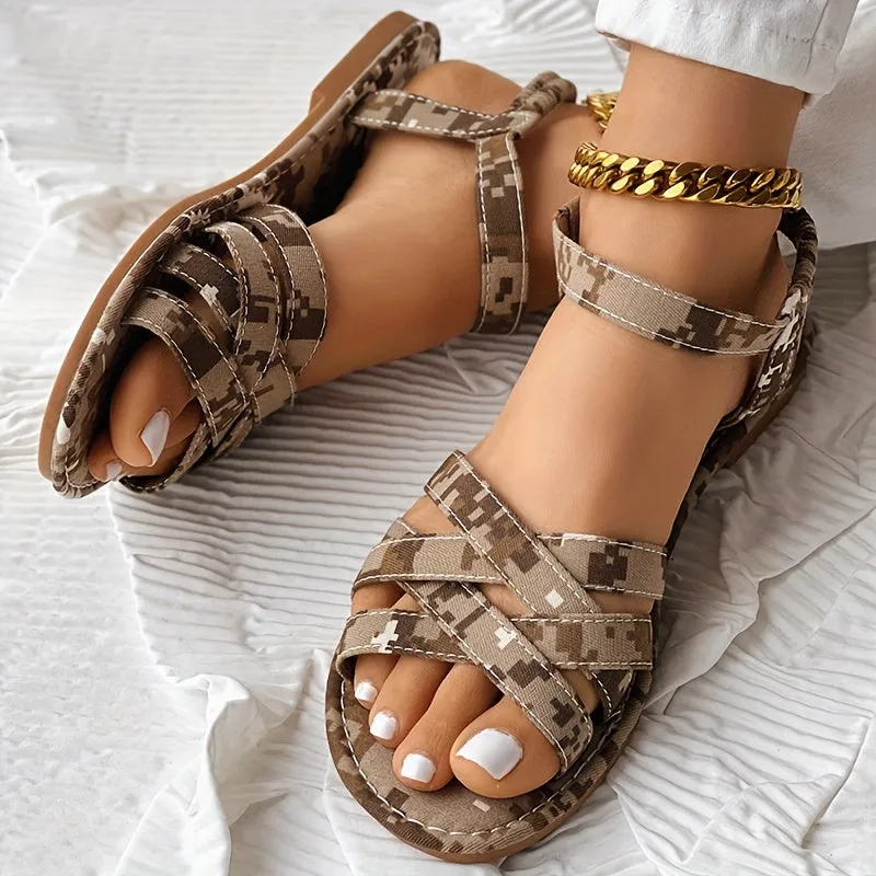 Stylish Camo Print Flat Sandals - Lightweight, Breathable, Elastic Crisscross Bands, Open Toe, Fabric Upper, PU Faux Leather Sole - Perfect for Vacation, Beach, Walking, and Everyday Wear