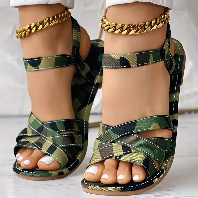 Stylish Camo Print Flat Sandals - Lightweight, Breathable, Elastic Crisscross Bands, Open Toe, Fabric Upper, PU Faux Leather Sole - Perfect for Vacation, Beach, Walking, and Everyday Wear