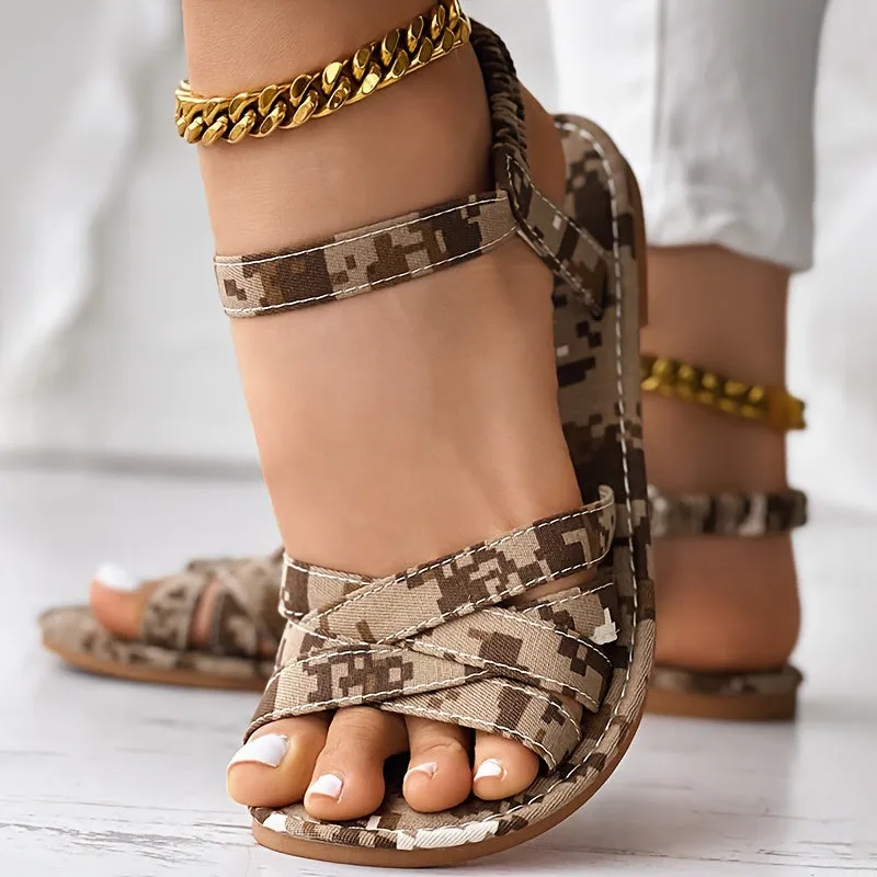 Stylish Camo Print Flat Sandals - Lightweight, Breathable, Elastic Crisscross Bands, Open Toe, Fabric Upper, PU Faux Leather Sole - Perfect for Vacation, Beach, Walking, and Everyday Wear