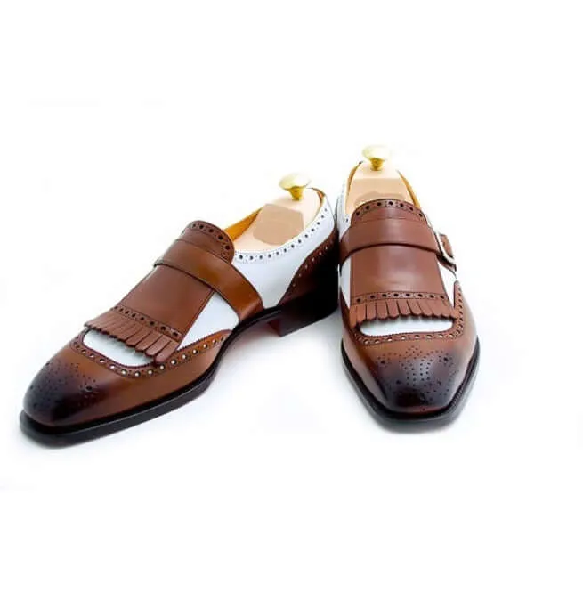 Stylish Handmade Men's Two Tone Brown & White Monk Fringed Formal Dress Shoes