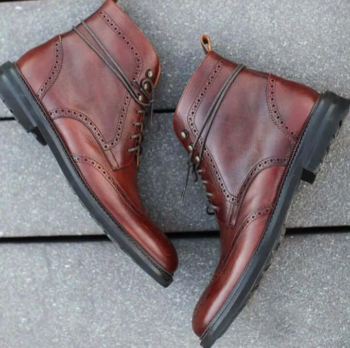 Stylish Handmade Men's Wing Tip Brogue Leather Boots, Men Brown Ankle High Lace Up Boots