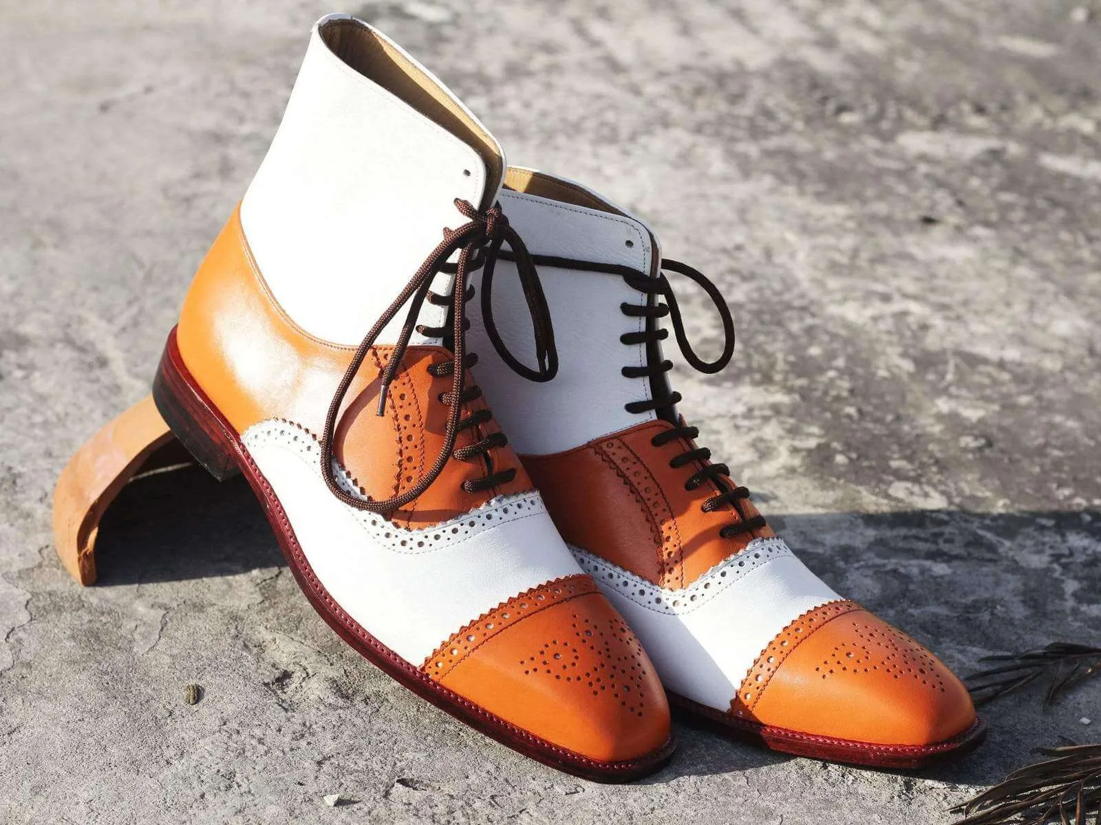 Stylish Men's Handmade Tan White Cap Toe Brogue Ankle Boots, Men Leather Designer Boots