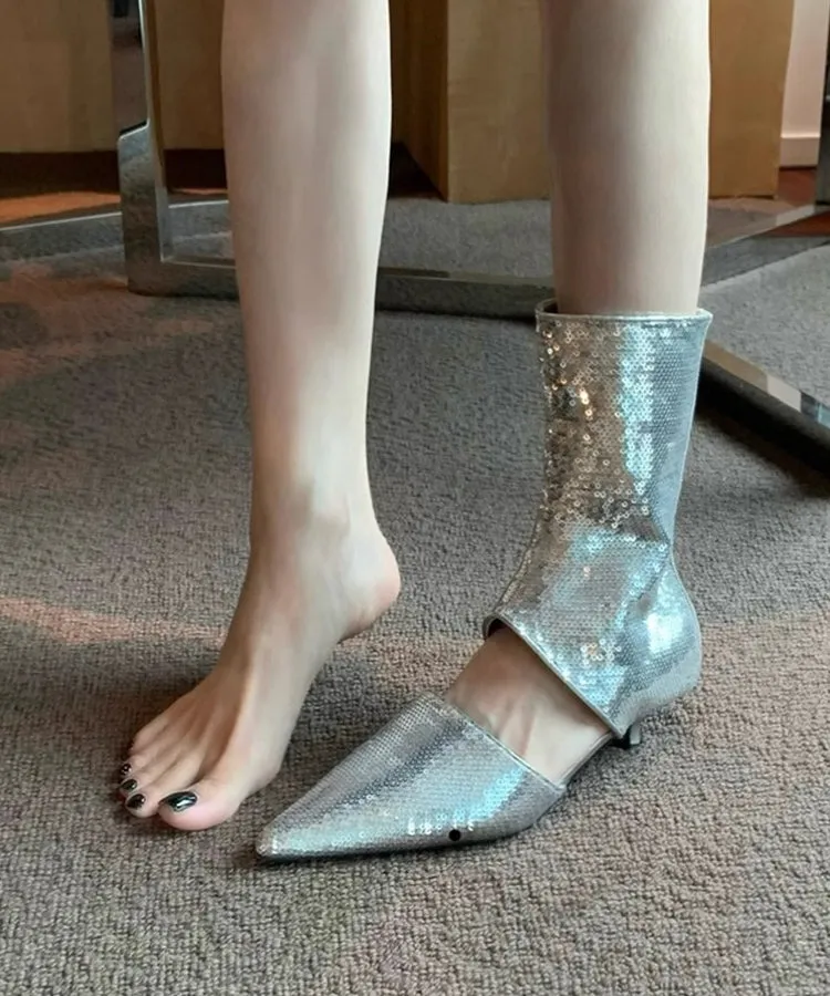 Stylish Silver Sequins Hollow Out Pointed Toe Sandals Boots OI045