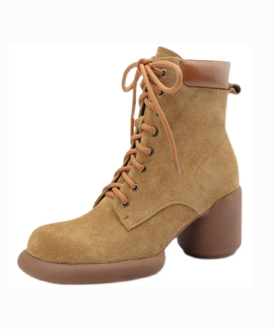 Suede Chunky Heel Boots Apricot Stylish Splicing Lace Up RD014