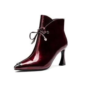 TinaCus Women's Patent Leather Stylish Pointed-Toe Zip Up Stiletto High Heel Handmade Ankle Boots with Bowknot