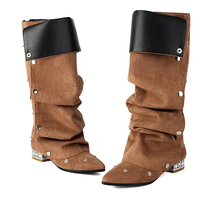 Trend4us Women's Stylish Studded Slouchy Knee-High Boots