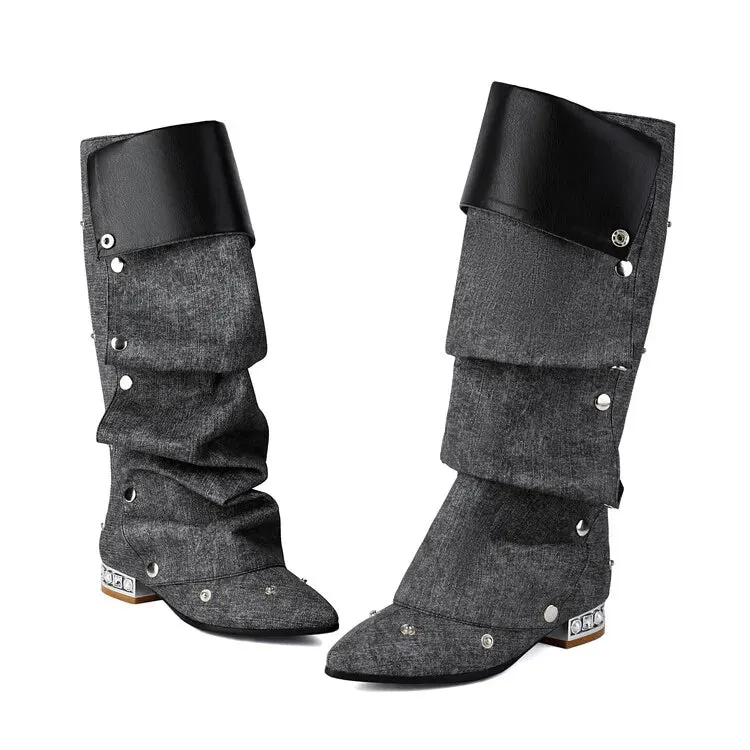 Trend4us Women's Stylish Studded Slouchy Knee-High Boots