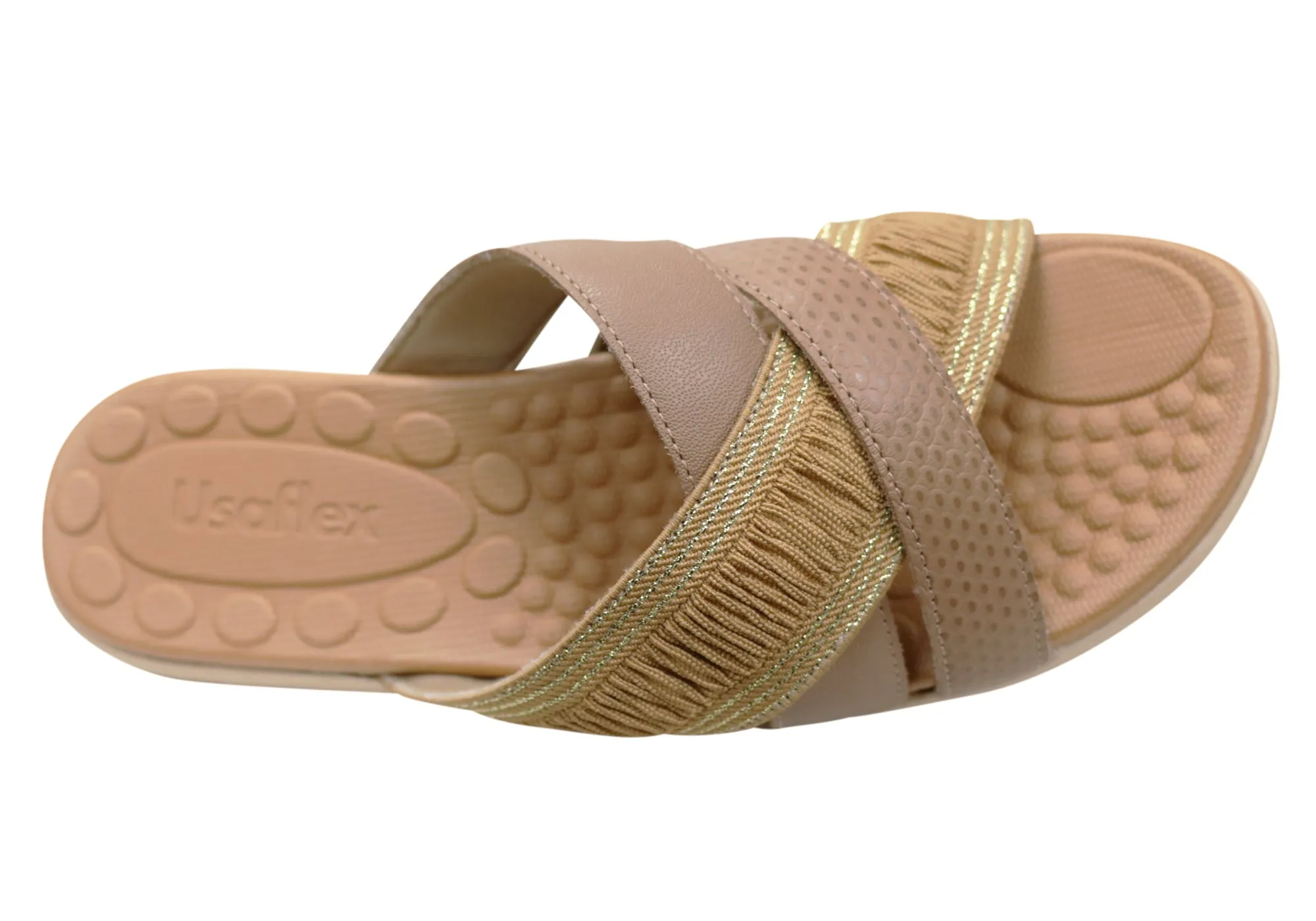 Usaflex Crescent Womens Comfort Leather Slides Sandals Made In Brazil