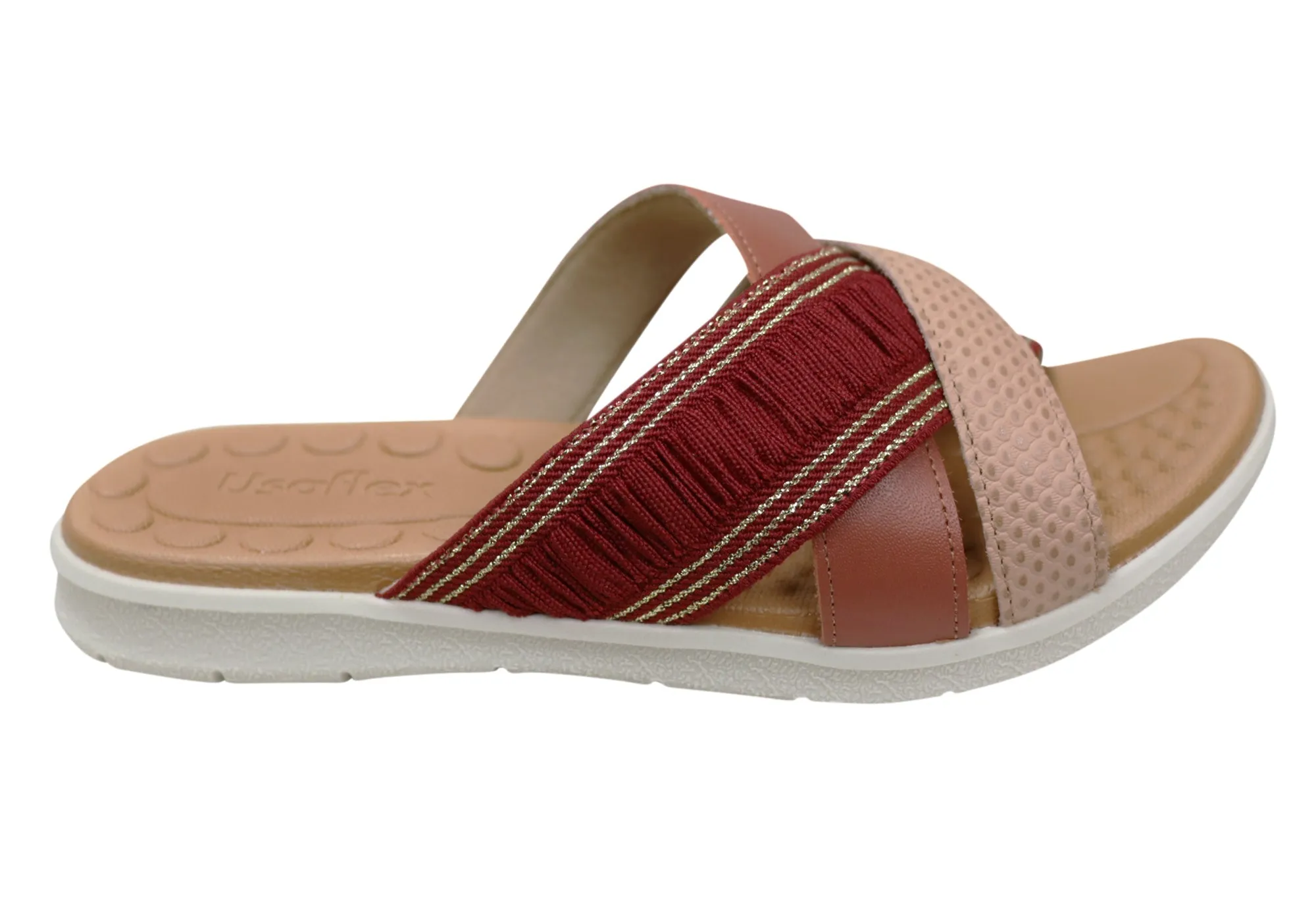 Usaflex Crescent Womens Comfort Leather Slides Sandals Made In Brazil