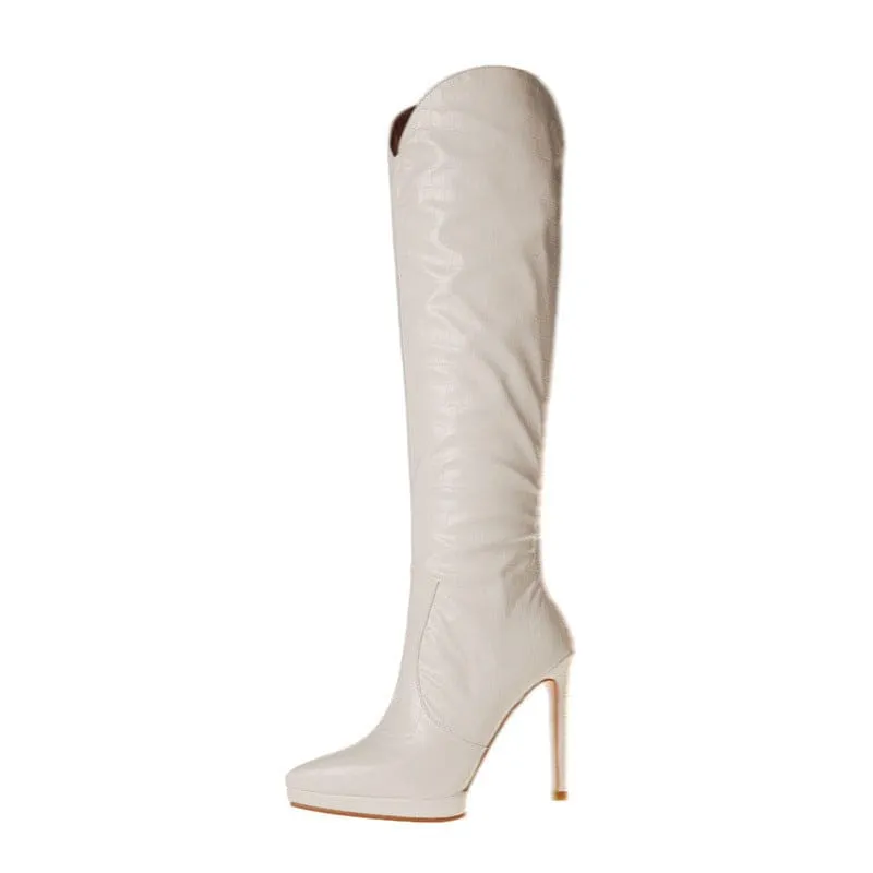 White and Black Leather Knee High Stiletto Boots for Women